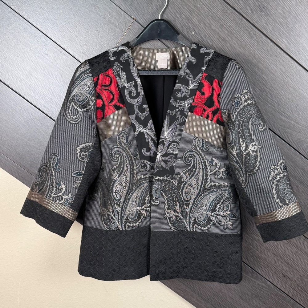 Chico's Women's 0 4/6 Asian Inspired Paisley Patchwork Textured Jacket Boho